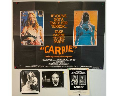 CARRIE (1976) UK Quad film poster for the Brian De Palma high school horror together with a black and white still and accompa