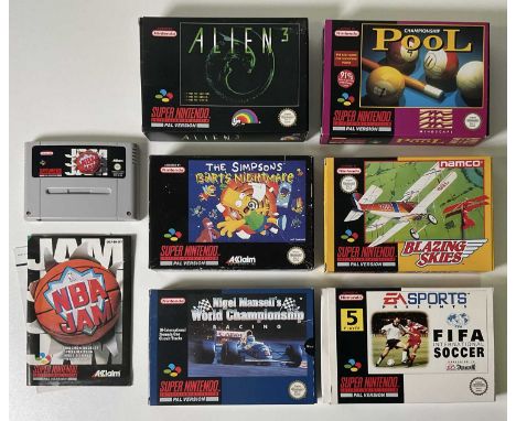 A group of SUPER NINTENDO (SNES) games comprising THE SIMPSONS BART'S NIGHTMARE (1992), ALIEN 3 (1993), BLAZING SKIES (1992),