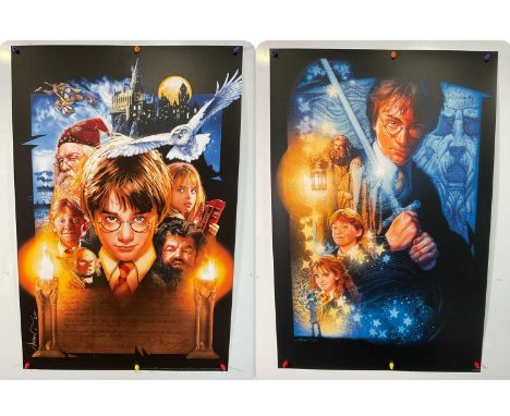 HARRY POTTER - A pair of art style alternative movie posters by Drew Struzan for The Philosopher's Stone and The Chamber of S