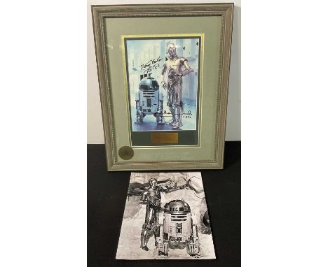A framed and glazed autographed colour still of STAR WARS droids R2D2 and C-3PO signed by KENNY BAKER and ANTHONY DANIELS wit