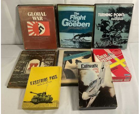 A group of vintage World War II RPG Board Games comprising GLOBAL WAR THE WAT AGAINST GERMANY AND JAPAN (1975) SPI, KASSERINE