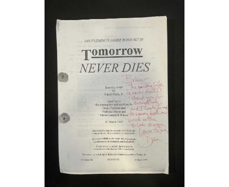 A shooting script for the 18th JAMES BOND movie TOMORROW NEVER DIES (1997) starring Pierce Brosnan as 007, with an annotation