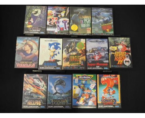 A group of Sega Mega Drive games comprising SONIC THE HEDGEHOG, SONIC THE HEDGEHOG 2, ROAD RASH II, PGA TOUR GOLF, MICRO MACH
