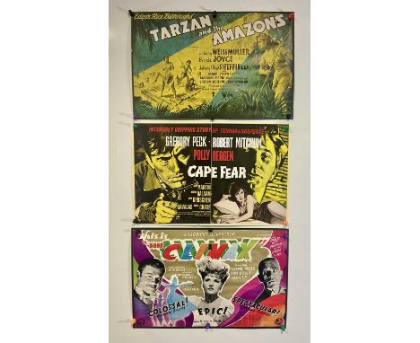A trio of trade advertisement posters, likely from Kinematograph Weekly magazine for TARZAN AND THE AMAZONS (1945), CAPE FEAR