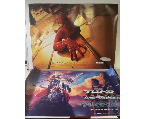 An assembly of Marvel film posters to include SPIDER-MAN (2002), THOR LOVE AND THUNDER (2022), ANT-MAN AND THE WASP (2018), F