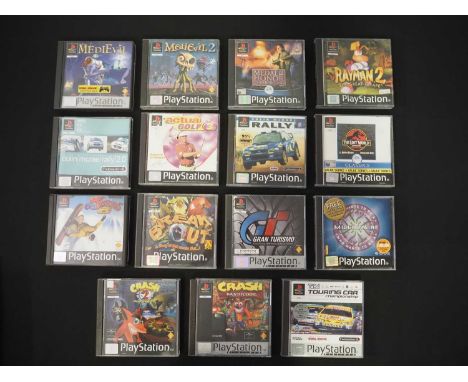 A group of Playstation 1 games comprising ACTUA GOLF 3, BREAK OUT, MEDAL OF HONOR UNDERGROUND, RAYMAN 2, MEDIEVIL, MEDIEVIL 2