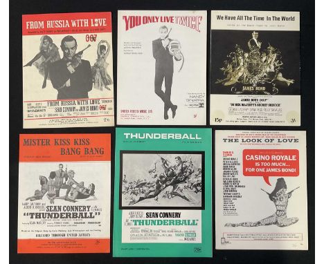 A collection of JAMES BOND theme song sheet music for titles FROM RUSSIA WITH LOVE, YOU ONLY LIVE TWICE, ON HER MAJESTY’S SEC