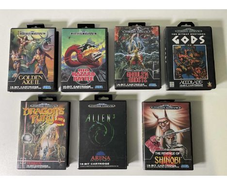 A group of Sega Mega Drive games comprising GHOULS N GHOSTS, THE REVENGE OF SHINOBI, ALIEN 3, GOLDEN AXE II, BIO HAZARD BATTL