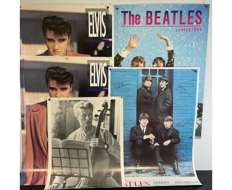 A group of vintage commercial music posters comprising ELVIS PRESLEY x 2, THE BEATLES - 2 different designs, and DAVID BOWIE,