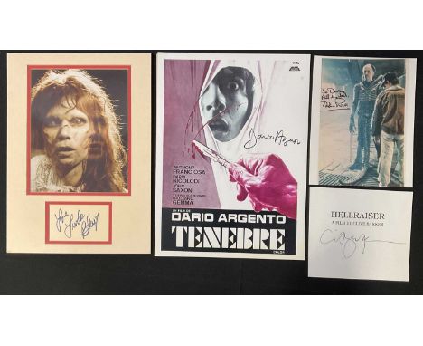 A group of autographs on mixed media associated with Horror films comprising CLIVE BARKER, DARIO ARGENTO, LINDA BLAIR and EDD