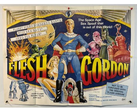 FLESH GORDON (1974) UK Quad film, sci-fi sex spoof with uncensored amorous robot artwork by Sam Peffer, folded. IMDB RATING: 