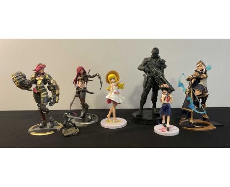 A group of League of Legends and Anime collectible figures comprising KATERINA UNLOCKED (2016 Riot Games), VI THE PILTOVER UN