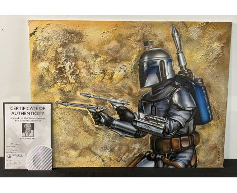A texturised STAR WARS painting of JANGO FETT by MONTE MICHAEL MOORE - American illustrator known for his work on comic books