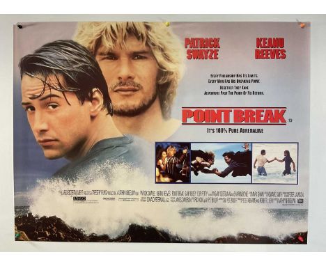 POINT BREAK (1991) UK Quad film poster, crime thriller starring Keanu Reaves and Patrick Swayze, rolled.