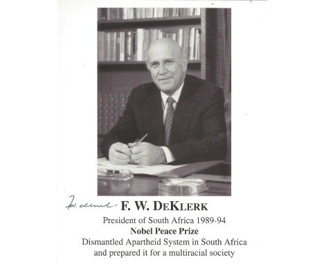 F. W Deklerk signed 10x8 black and white photo. Frederik Willem de Klerk OMG DMS born 18 March 1936 is a South African politi
