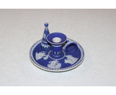 A 19th Century Wedgwood blue and jasperware chamber stick and snuffer