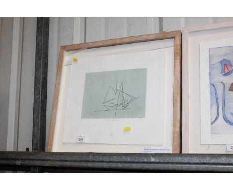 Michael Flint, pencil signed limited edition etching "Remakes and Sequels 11" blue/green boat