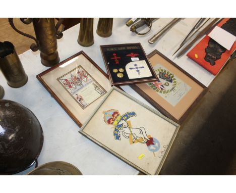 Two Pre WWII soldiers service scrolls, Lancashire Fusiliers and Koyli with framed WWII tapestry