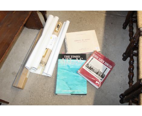 A box of various Ordnance Survey maps; a volume of Vedute di Roma; and a Times Atlas etc.