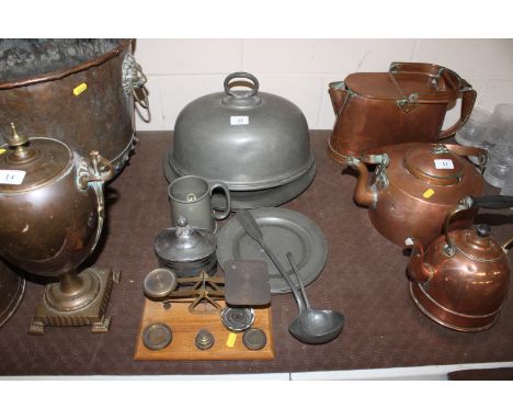 A set of postage scales and weights; antique and other pewter ware to include plates, food cover, ladle, tankard etc. 