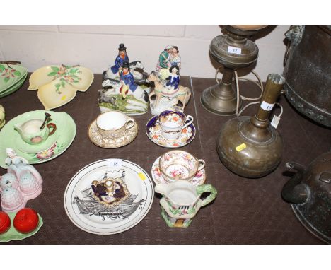 A collection of antique china to include plate decorated with sailing ship AF, miniature chamber stick, cabinet cups and sauc