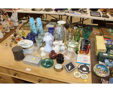 A quantity of various glass and china to include a porcelain trinket box, a dragon decorated caddy, Wedgwood basalt vases, as