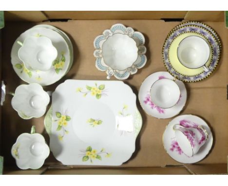 Shelley yellow flowers 12430 4 cups, 4 saucers and cake plate together with cups and saucers and trios to include patterns Bu