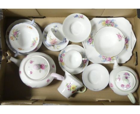 A mixed collection of Shelley tea ware to include Coronation teapot, 0174 cake plate, sugar bowl, cup  &amp; saucer, floral c