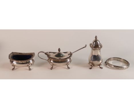 A collection of hallmarked silver cruet items and a bangle, 216.2g. 