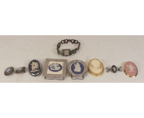 Wedgwood jasperware brooches , two framed cameos , Cameo brooch and a ladies vintage Helvetia dress watch 