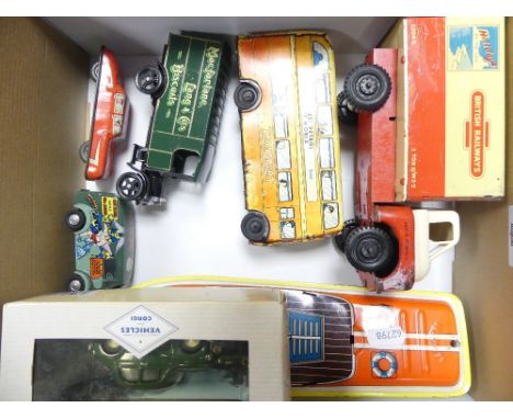 A Small Collection of Tinplate and Other Toys to include British Railways Holidays by the Sea Van, Corgi X-Men Van, Tin Plate