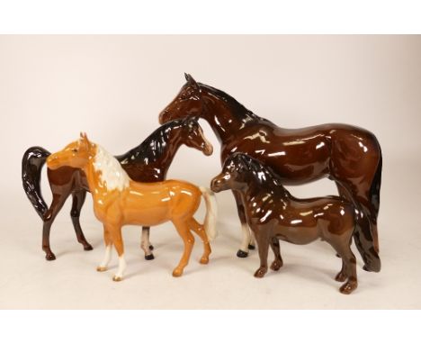 Beswick Horses to include brown Shetland Pony 1648, brown Arab Xayal 1265, Palomino Head Up Pony 1167 (a/f) and brown Thoroug