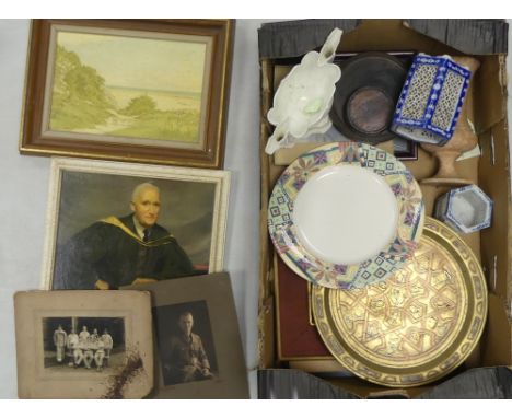 A Mixed Collection of Items to include Oriental Wood Stands, Octagonal Ceramic Brushpot, Prints, Plate etc. (1 Tray) 
