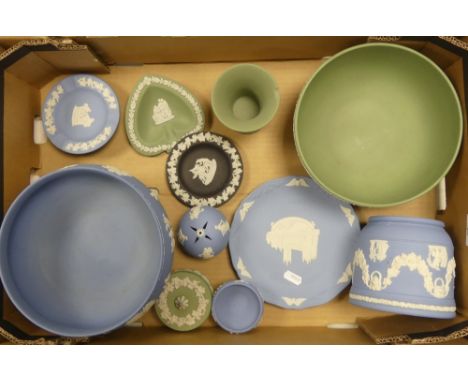 A Collection of Wedgwood Blue and Sage Green Jasperware to include Fruit Bowls, Cache Pot, Trinket Pots, Pomander, Small Dish