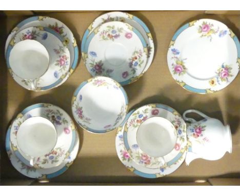 Shelley part tea set in the Blue Princess pattern 14026, shape Richmond to include 3 trios, 3 side plates, 1 saucers, milk ju