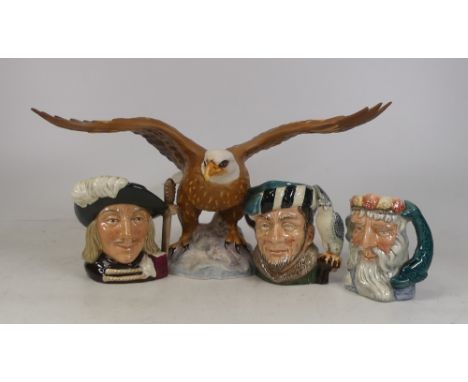 A Beswick Bald Eagle 1018 together with Three Small Royal Doulton Character Jugs Neptune D6552, Aramis D6454 and The Falconer