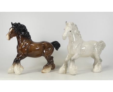 Beswick grey 975 Cantering Shire horse together with brown Cantering Shire horse (2) 