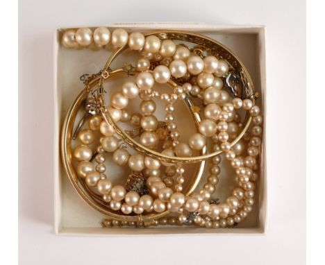 9ct gold white stone pendant and chain, gold Bk &amp; front bangle, gold plated bangle, Pearl necklace etc 