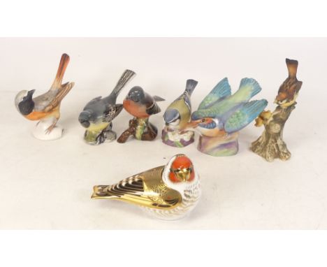 Beswick Chaffinch 991, Grey Wagtail 1041, Royal Crown Derby Goldfinch, Royal Worcester kingfisher and Blue tit, Goebel bird a