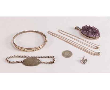 A collection of Silver items including bangle, bottle chains, pendant &amp; chains, 34.3g and Silver crystal pendant. 