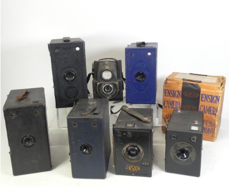 A collection of vintage Ensign cameras to include JB (2 1/4 B E20) London, Junia Model B, E29 Blue, All distance, E29 (small)
