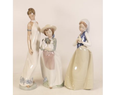 Three Nao Figures to include Girl Holding a Chick, Girl Holding Two Puppies and a Woman in Long Dress. (3) 