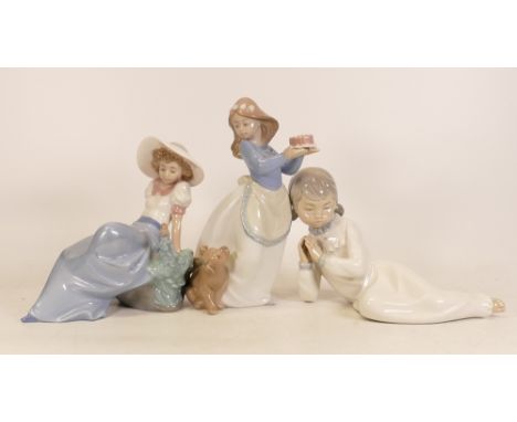 Three Nao Figures to include Reclining Girl (hairline cracks to back), Girl with a Bird and a Girl with a Cake and Dog (3) 