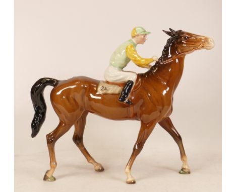 Beswick jockey on walking horse 1037, yellow, white &amp; green jockey colours 