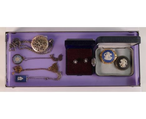 A collection of vintage jewellery including Silver Wedgwood pendants, brooches, Silver ring, chains etc 