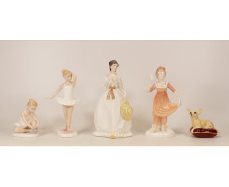 Royal Doulton figures little ballerina HN3395, ballet shoes HN3434, Beswick dog on cushion, Royal Worcester figure Summertime