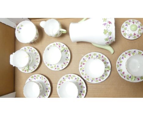 Shelley wine grape coffee set in the Richmond shape. coffee pot, milk jug, sugar bowl, 6 cups &amp; saucers with original box
