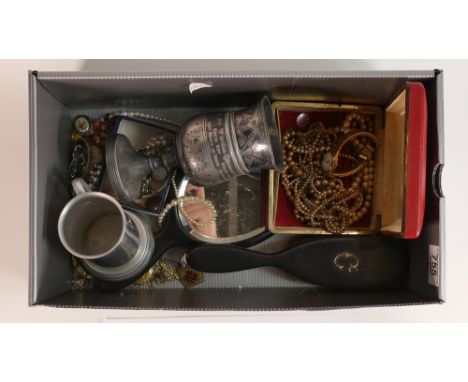A collection of ladies vintage costume jewellery including watches, brooches, pendants, pearls, ebony mirror &amp; brush etc 