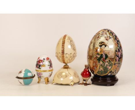 A Collection of Five Items to include Japanese Satsuma Egg on Stand, Heirloom Porcelain Jewel of Nature Musical Egg and three