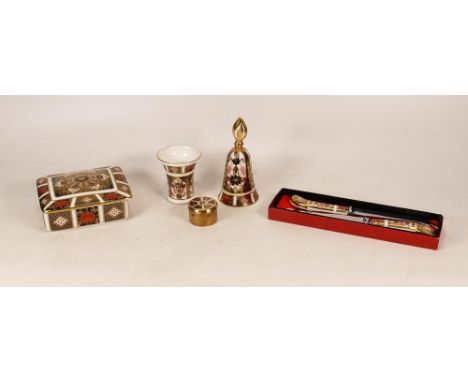Royal Crown Derby Items to include Lidded Box, Knife &amp; Fork Set, small Vase, Bell &amp; trinket box, largest length 11.5c
